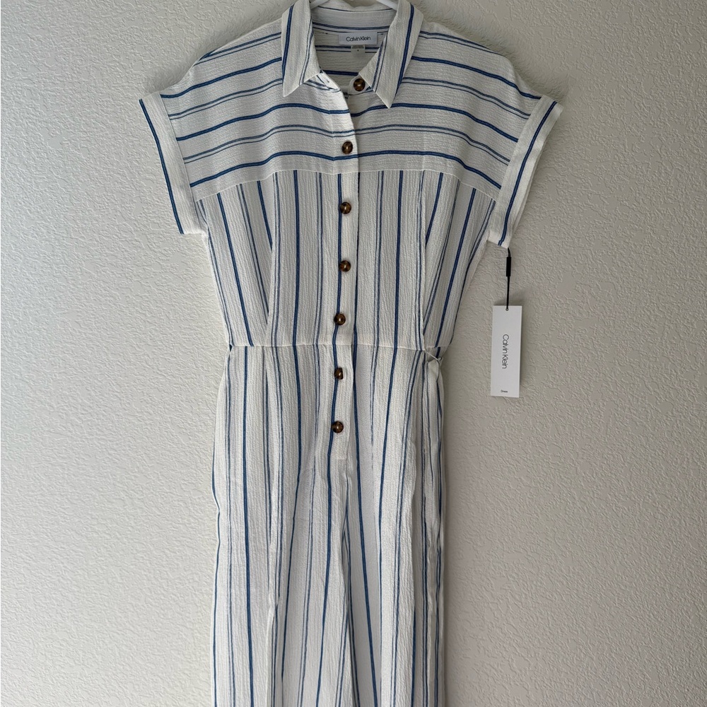 Calvin Klein White and Blue Buttoned Shirt Dress